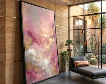 Pink and Gold Abstract Canvas Wall Art, Modern Painting, Soft Pastel Decor, Contemporary Large Canvas, Metallic Accent Artwork