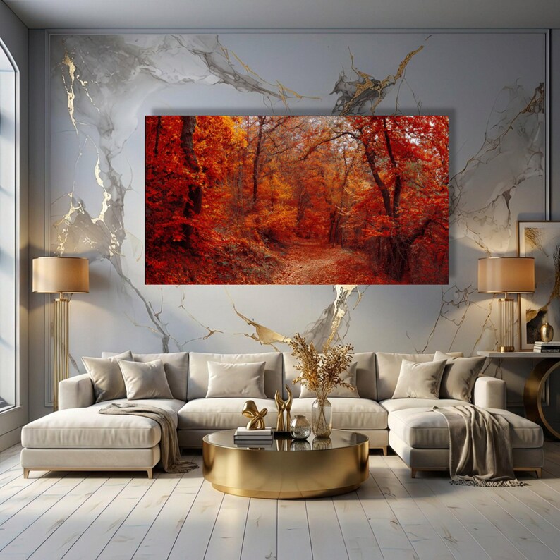 Autumn Forest Path Canvas Wall Art, Fall Foliage Decor, Vibrant Orange ...