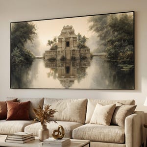 Lienzo con reflejo de templo tranquilo, arquitectura de piedra antigua, arte mural de paisaje selvático, escena acuática serena, pintura sobre lienzo para decoración del hogar.