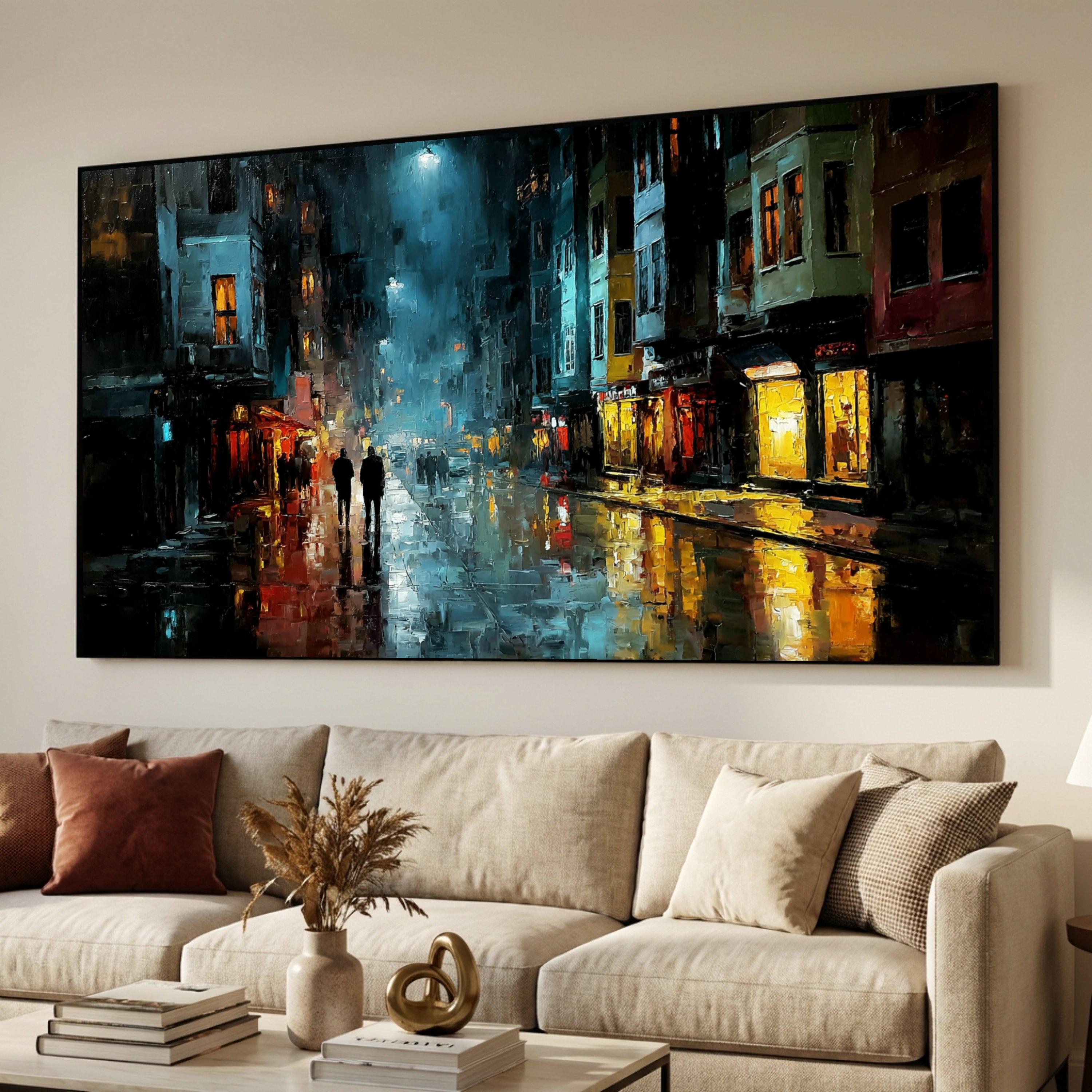 Rainy Night Cityscape Canvas Wall Art, Urban Street Scene Painting ...