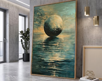 Puede incluir: Una gran pieza de arte mural rectangular enmarcada que presenta una pintura al óleo de un orbe esférico luminoso que flota sobre un cuerpo de agua texturizado y ondulante. La paleta de colores consta de tonos azul verdoso, turquesa y amarillo dorado.
