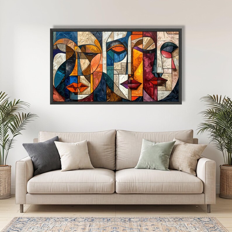 Colorful Abstract Faces Canvas, Modern Cubism Wall Art, Geometric Portrait Decor, Vibrant Room Canvas, Contemporary Home Decoration image 4