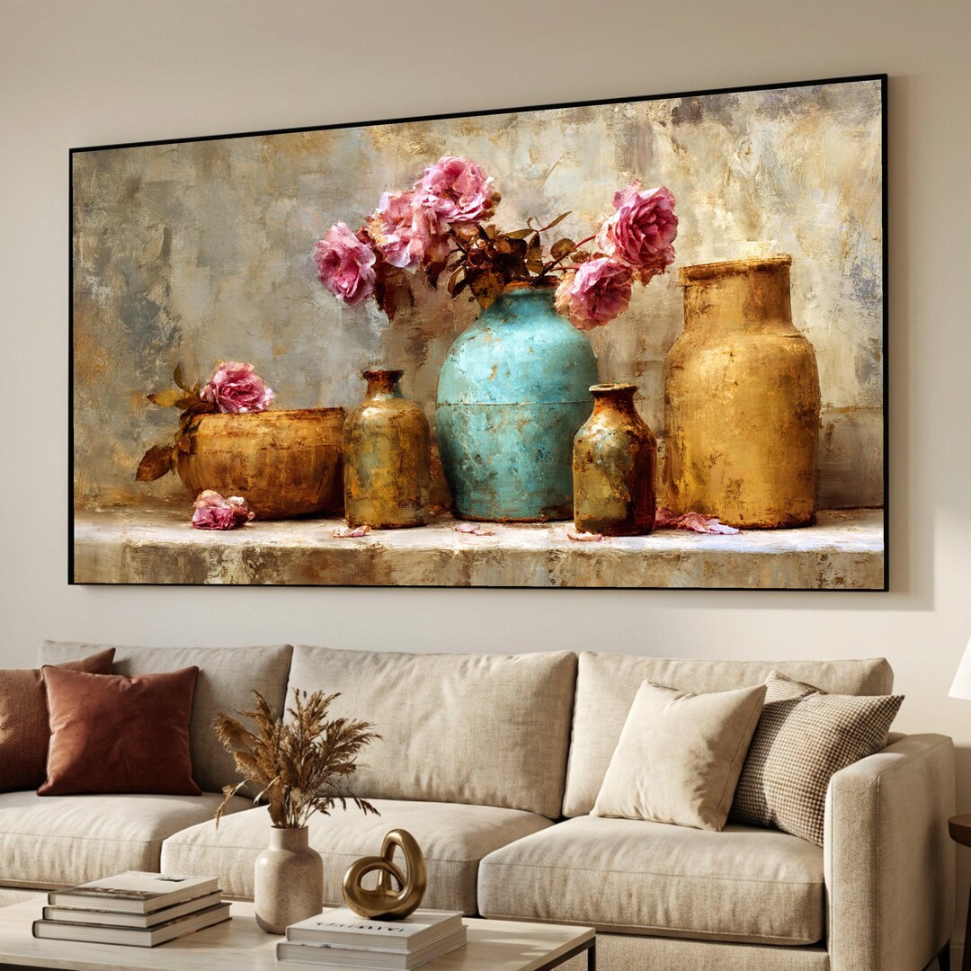 Vintage Rustic Vases With Pink Roses Canvas, Still Life Floral Wall Art ...
