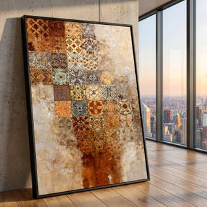 Quadro su tela con motivo di piastrelle marocchine vintage, decorazione boho, arredamento rustico nei toni della terra, tela in stile mediterraneo, pronto per essere appeso.