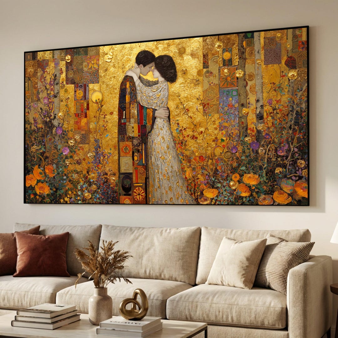 Gustav Klimt Embrace, Romantic Couple Canvas Wall Art, Gold Leaf ...