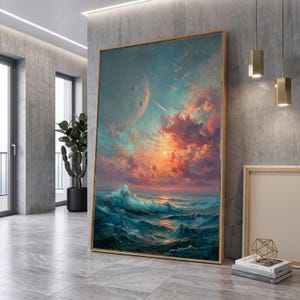 May include: A large rectangular wall art print featuring a surreal seascape with deep teal ocean waves under a vibrant sunset sky. A large cratered planet hangs in the upper left corner, while streaks of light cross the clouds above the horizon.
