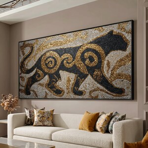 May include: A rectangular wall art piece featuring a mosaic-style depiction of a panther in profile. The artwork uses black, gold, and white tiles to create a detailed pattern of the animal with swirling gold accents against a light background.