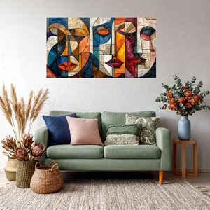 Colorful Abstract Faces Canvas, Modern Cubism Wall Art, Geometric Portrait Decor, Vibrant Room Canvas, Contemporary Home Decoration image 2