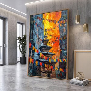 Vibrant Cultural Temple with Prayer Flags Canvas Wall Art, Himalayan Spiritual Architecture, Meditation Decor, Ethnic Home Decoration