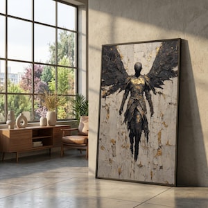 Canvas Donkere engel met gouden hoogtepunten, abstracte kunst aan de muur met gevleugelde figuren, modern gotisch interieur, mystieke canvasschilderij
