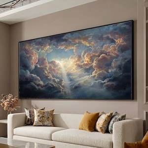 Radiant Sunbeams Through Clouds Canvas, Dramatic Sky Wall Art, Light Rays Painting, Heavenly Atmosphere Canvas Decoration, Serene Cloudscape