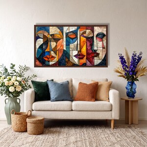 Colorful Abstract Faces Canvas, Modern Cubism Wall Art, Geometric Portrait Decor, Vibrant Room Canvas, Contemporary Home Decoration image 8