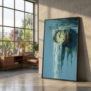 Surreal Clock Waterfall Canvas, Time Flow Wall Art, Abstract Blue Home Decor, Roman Numerals Canvas, Modern Surrealism Design