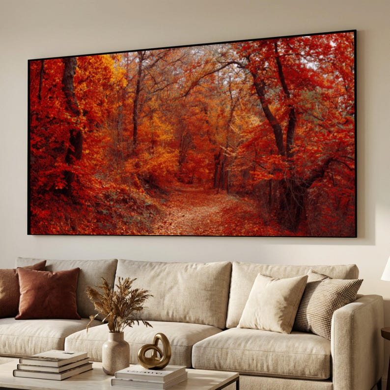 Autumn Forest Path Canvas Wall Art, Fall Foliage Decor, Vibrant Orange ...