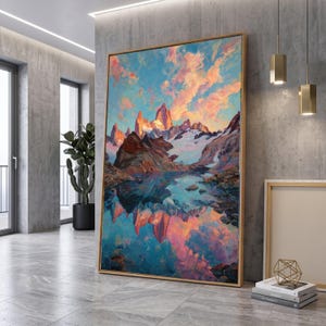 Canvastavla med solnedgång och reflektion av Mount Fitz Roy, väggkonst i patagoniskt bergslandskap, vibrerande naturscen, canvastavla för heminredning