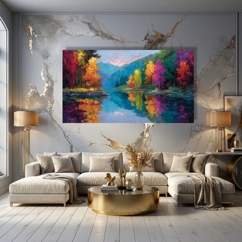 Vibrant Autumn Trees Reflection Canvas, Colorful Landscape Wall Art ...