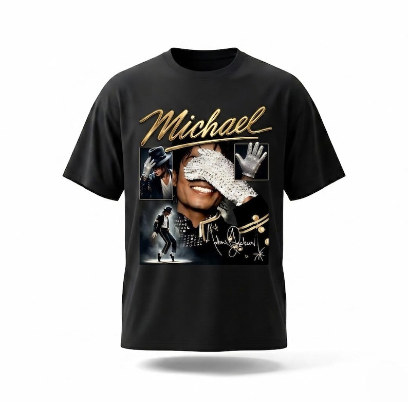 May include: Black t-shirt featuring a gold-colored "Michael" text and a collage of images of Michael Jackson. The collage includes images of him wearing a hat, a white glove, and performing on stage. The shirt has a crew neck.
