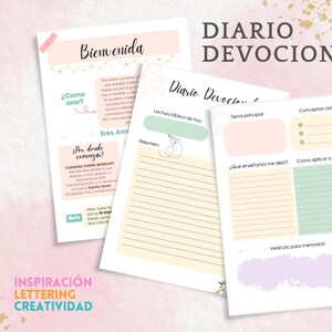 Pode incluir: Um conjunto de páginas de um diário devocional com o título "DIARIO DEVOCIONAL" em letras grandes. As páginas incluem seções para anotações, leituras bíblicas e conceitos-chave. As palavras "Bienvenida" e "Inspiración Lettering Creatividad" também são visíveis.