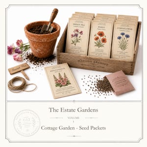Könnte beinhalten: Eine Sammlung von botanischen Miniatur-Samentüten mit der Aufschrift Sweet Pea, Poppy, Cornflower und Hollyhock in einer Holzkiste, dazu ein Tontopf mit Erde, eine kleine Metallschaufel, ein Pflanzenstecker aus Holz und eine Rolle Bindfaden.