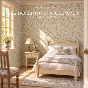 May include: A 1:12 scale dollhouse wallpaper featuring a blue botanical sprig pattern on a cream background. The text reads VALEVELLUM ESTATE 1:12 DOLLHOUSE WALLPAPER BLUE BOTANICAL SPRIGS and DIGITAL DOWNLOAD A4 PRINTABLE PDF.