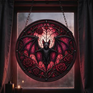 May include: A circular stained glass suncatcher featuring a central black bat with outstretched wings, surrounded by deep red roses and thorny vines. The piece is framed in a dark circular border and hangs from a metal chain in front of a window.