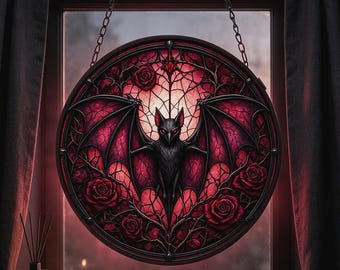 Gothic Bat Red Rose Suncatcher,Halloween Bat Decor,Unique Gift Idea