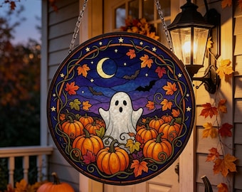 Cute Ghost Pumpkin Glass Suncatcher,Pumpkin Window Hanging, Halloween Gift