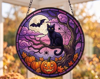 Black Cat Pumpkin Glass Suncatcher, Pumpkin Bat Decor,Fall Spooky Gift