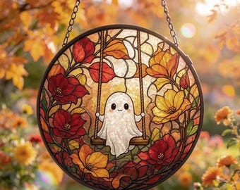 Herbstlicher Sonnenfänger mit Geist auf der Schaukel, niedliche gruselige Dekoration, Halloween-Geschenk