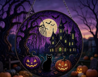Halloween Haunted House Suncatcher,Spooky Pumpkin Decor,Fall Gift Idea