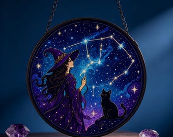 Witch Black Cat Suncatcher, Star Constellation Decor, Celestial Home Gift