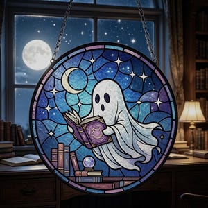 May include: A circular stained glass suncatcher featuring a white ghost reading a purple book. The background depicts a dark blue night sky with a crescent moon and stars. Below the ghost are stacks of books and a crystal ball, all framed in black.