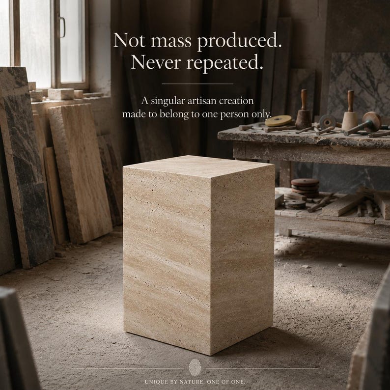 May include: A rectangular, beige stone pedestal with visible graining stands in a workshop. The image includes text that reads "Not mass produced. Never repeated. A singular artisan creation made to belong to one person only."