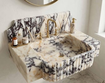 Lavabo en marbre Calacatta Viola avec dosseret, Lavabo cannelé, Lavabo en pierre sculptée à la main, Lavabo en marbre de luxe, Lavabo flottant