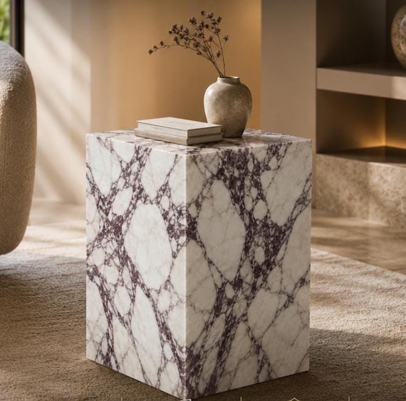 Handmade Marble Side Table, Natural Stone Pedestal Table, Luxury End Table, Travertine Accent Table, Modern Marble Furniture
