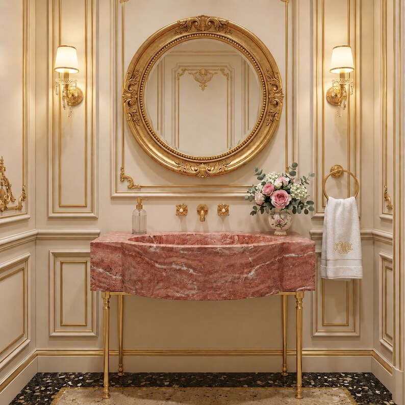 Puede incluir: Un lavabo de m&aacute;rmol rosa con borde frontal festoneado, sostenido por cuatro patas delgadas de metal dorado. Sobre el lavabo hay un gran espejo redondo con marco dorado, dos apliques dorados, un arreglo floral y una toalla blanca.