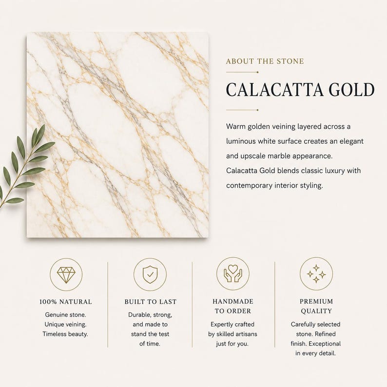 May include: A square Calacatta Gold marble tile with warm golden veining on a luminous white surface. The image includes text describing the stone's features, including its natural composition and premium quality.