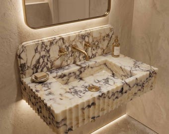 Calacatta Gold Viola Marble Sink, Fluted Vanity Washbasin, Hand Carved Stone Backsplash
