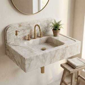 Puede incluir: Un lavabo de mármol montado en la pared con un grifo y accesorios dorados. El lavabo tiene un protector contra salpicaduras incorporado y una pequeña planta en maceta. Se ve un dispensador de jabón transparente y un espejo redondo.