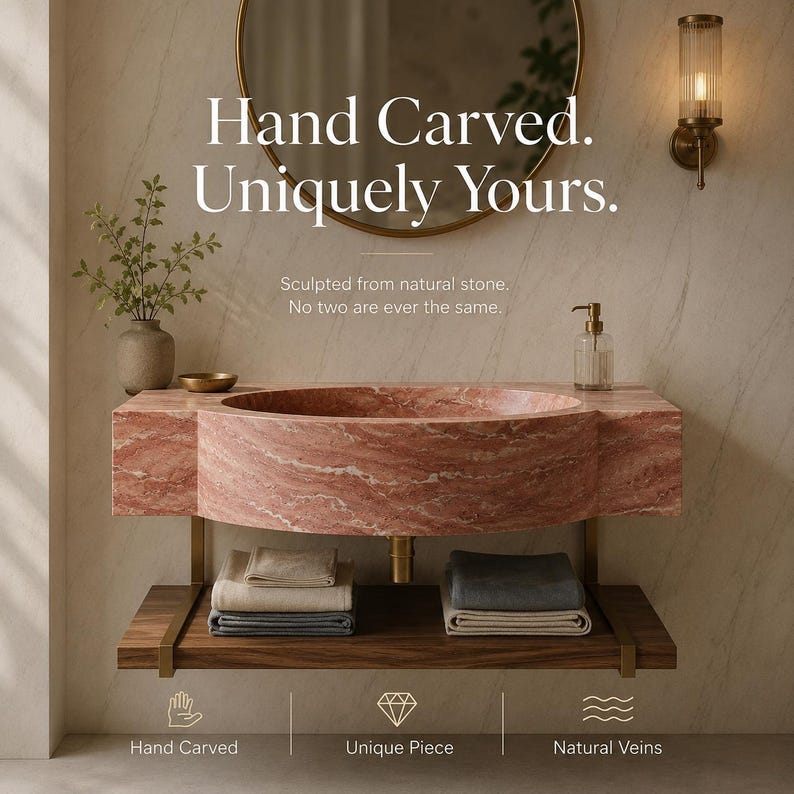Puede incluir: Un lavabo de ba&ntilde;o de m&aacute;rmol rosa con cuenco circular, montado sobre un estante de madera oscura con toallas dobladas. El texto dice: Hand Carved. Uniquely Yours. Sculpted from natural stone. No two are ever the same. Hand Carved, Unique Piece, Natural Veins.