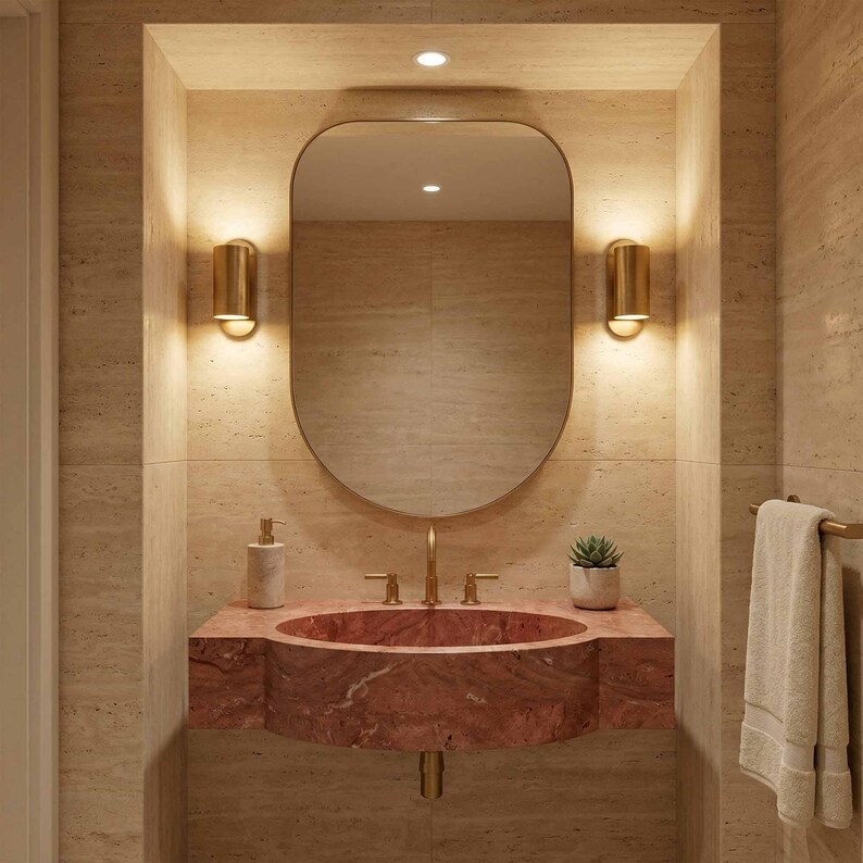 Red Marble Oval Sink, Hand Carved Floating Vanity Sink, Sculptural Stone Basin, Luxury Bathroom Marble Washbasin, Custom Integrated Sink