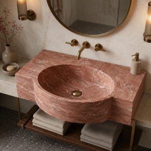 Puede incluir: Un mueble de ba&ntilde;o de m&aacute;rmol rosa con un lavabo circular, un grifo de pared de lat&oacute;n con dos manijas y un estante inferior de madera con toallas beige dobladas. El conjunto incluye un espejo redondo y dos apliques de pared verticales.