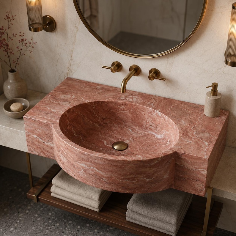Puede incluir: Un mueble de ba&ntilde;o de m&aacute;rmol rosa con un lavabo circular, un grifo de pared de lat&oacute;n con dos manijas y un estante inferior de madera con toallas beige dobladas. El conjunto incluye un espejo redondo y dos apliques de pared verticales.