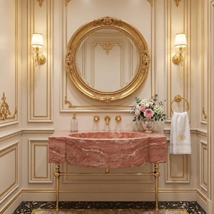 Puede incluir: Un mueble de ba&ntilde;o con lavabo de m&aacute;rmol rosa sobre patas de metal dorado. Sobre el lavabo hay un gran espejo redondo con marco dorado flanqueado por dos apliques de pared dorados. Una toalla blanca cuelga de un anillo dorado a la derecha.