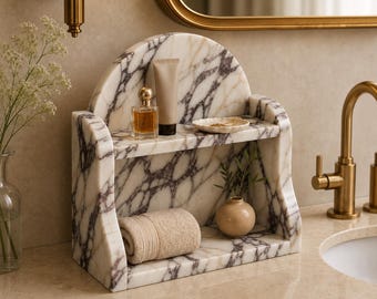 Calacatta Viola Marble Organizer, Luxury Natural Stone Vanity Shelf, Makeup Storage, Bathroom Countertop Organizer, Handmade Marble Decor