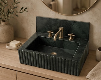 Hand Carved Green Marble Fluted Sink with Backsplash, Integrated Stone Vanity Basin