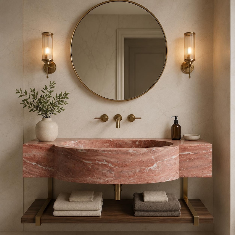 Puede incluir: Un lavabo de m&aacute;rmol rosa con cuenco circular montado sobre un estante de madera oscura. El mueble incluye grifer&iacute;a de lat&oacute;n, un espejo redondo y dos apliques de cristal estriado. Un jarr&oacute;n blanco con follaje y un dispensador de jab&oacute;n oscuro.