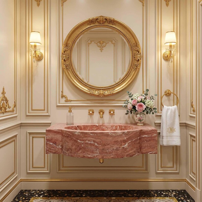 Red Marble Oval Sink, Hand Carved Floating Vanity Sink, Sculptural Stone Basin, Luxury Bathroom Marble Washbasin, Custom Integrated Sink
