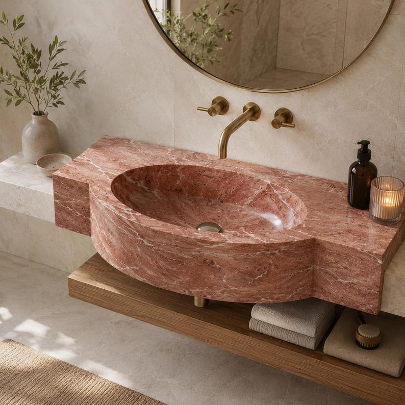 Puede incluir: Un lavabo de ba&ntilde;o de m&aacute;rmol rosa con una cuenca ovalada prominente y vetas naturales. El lavabo cuenta con un grifo de lat&oacute;n montado en la pared y dos manijas a juego. Debajo, un estante de madera sostiene toallas beige y un cepillo.
