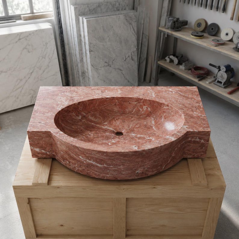 Lavabo ovalado de mármol rojo, lavabo de piedra escultórico tallado a mano, lavabo sobre encimera a medida. imagen 13